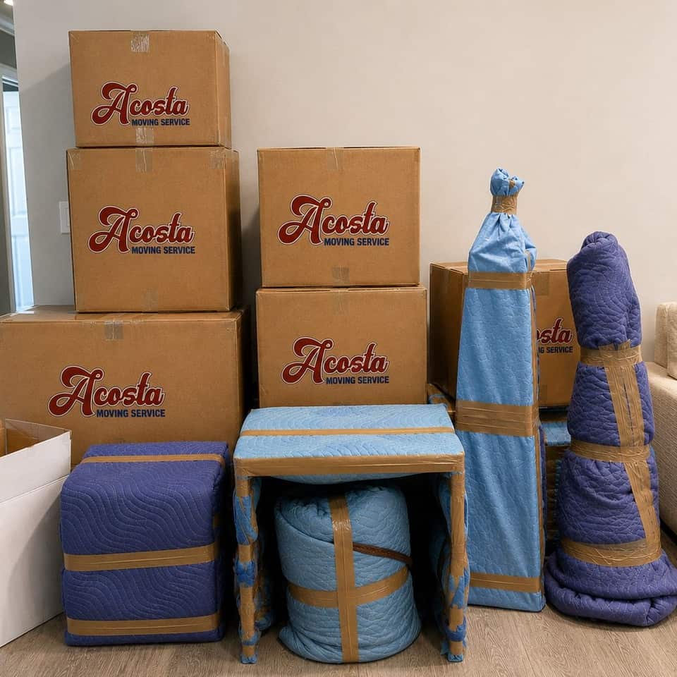 Acosta Moving Service boxes and blanket-wrapped furniture staged for moving day